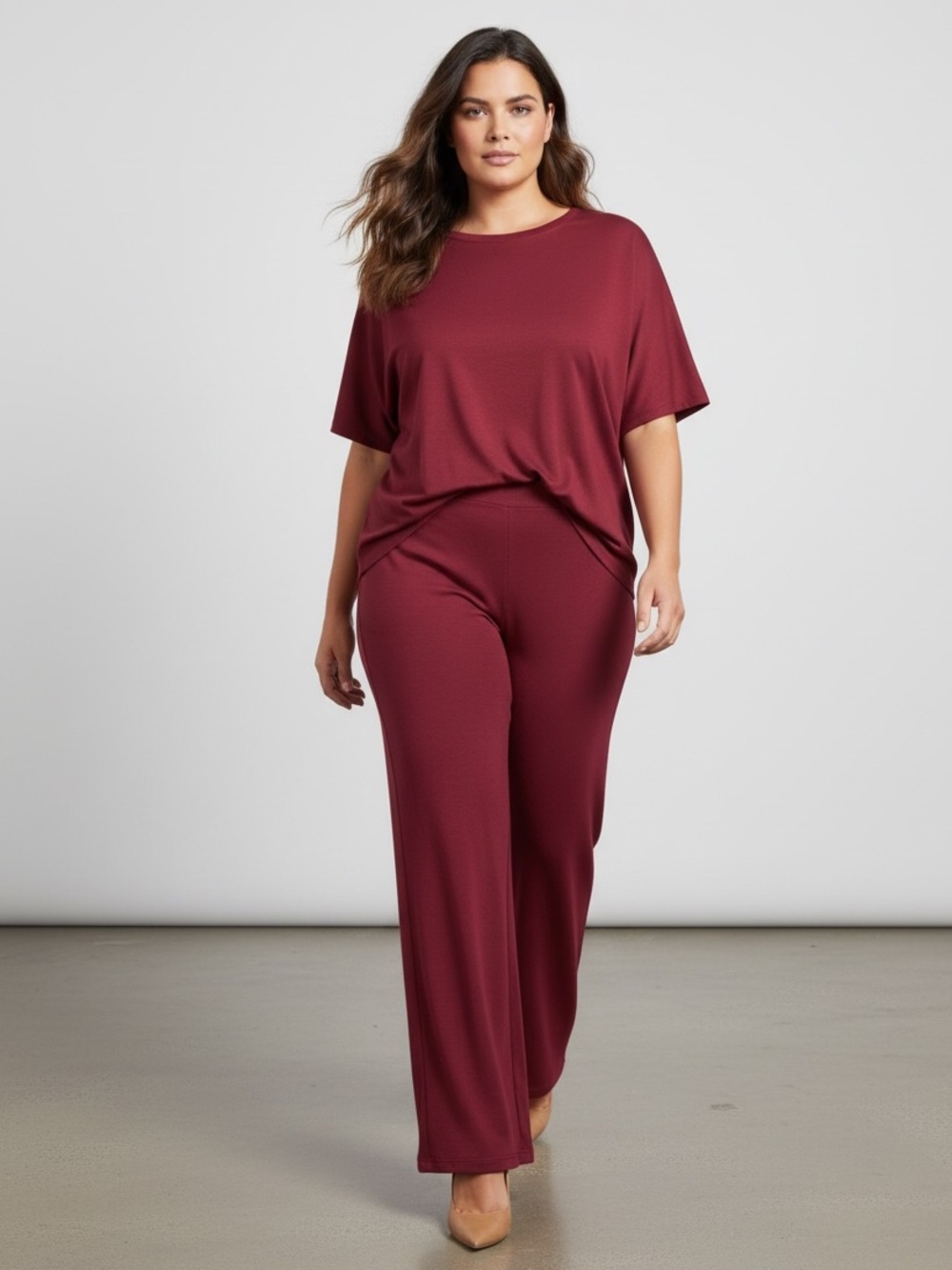 1569 • Plus Burgundy Buttery Soft Scuba Short Sleeve Draped Dolman Pant Set